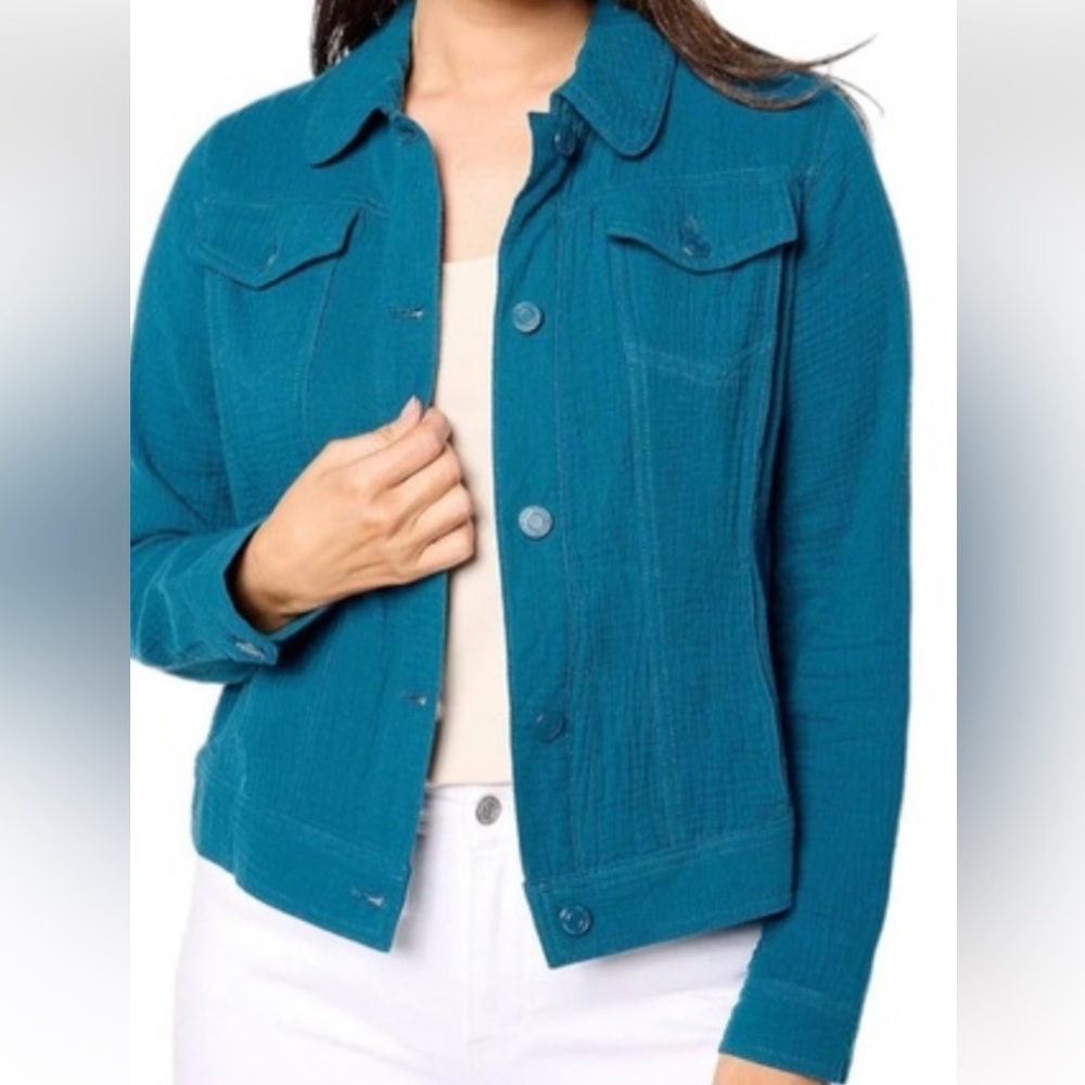 Brigdehampton Isaac Mizrahi Teal Gauze 100.%Cotton   Jacket Womens L